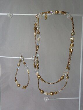 VTG Oscar de la Renta Gold Bead, Pearl & Crystal Necklace, Bracelet & Earrings